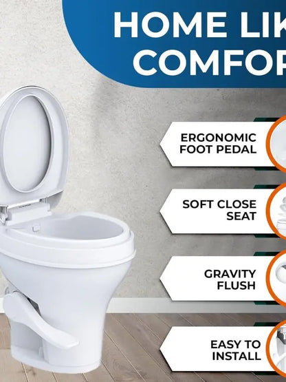 RV Toilet by [Brand]  Standard Height, Gravity Flush, Foot Pedal, Soft Close Lid, Sprayer Attachment, White