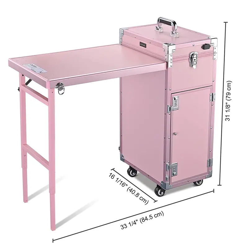 Byootique Portable Nail & Makeup Station  Pink Desk with Mirror, 4 Drawers, Bluetooth, USB Ports