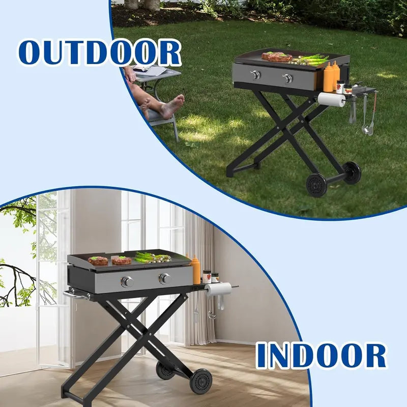 Folding Blackstone Griddle Stand  Portable 22″/17″ Grill Table with Wheels, Side Shelf & Compact BBQ Accessory System