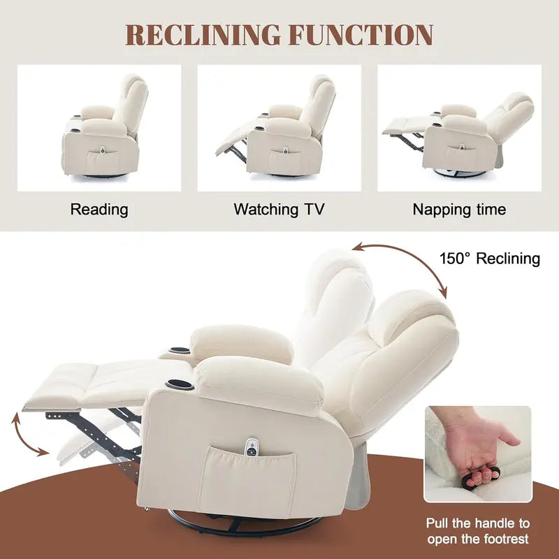 Large Swivel Rocking Recliner Sofa  Single-Seat Heated & Massaging Lounge Chair
