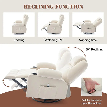 Large Swivel Rocking Recliner Sofa  Single-Seat Heated & Massaging Lounge Chair