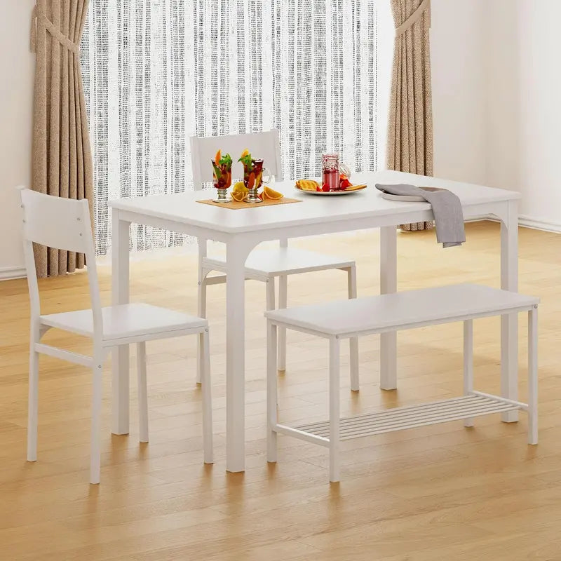 Compact Bistro Dining Set  Pure White Table with 2 Chairs & 1 Bench for Small Dining Areas