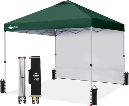 CROWN SHADES 10′ x 10′ Pop-Up Canopy with Single Sidewall: Portable Event Shelter for Parties, Campgrounds, and Outdoor Markets — Includes STO-N-Go Carry Bag