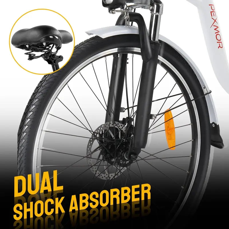 PEXMOR 26″ Cruiser Electric Bike for Adults  350W Motor, 36V 12.5Ah Removable Battery, Shimano 6-Speed, Dual Suspension & Front Basket