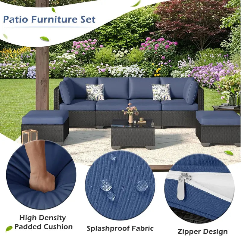 7-Piece PE Rattan Patio Furniture Set  Navy Cushioned Sectional Sofa, Tea Table & Black Wicker Frame for Backyard Use