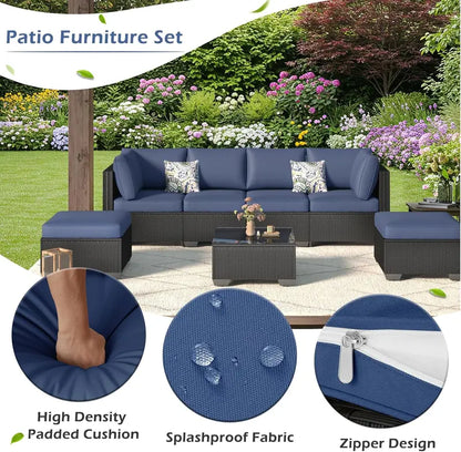 7-Piece PE Rattan Patio Furniture Set  Navy Cushioned Sectional Sofa, Tea Table & Black Wicker Frame for Backyard Use