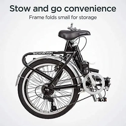 Schwinn Loop Folding Bike  7-Speed, 20″ Wheels, Step-Through Aluminum Frame, Rear Rack, Lightweight Commuter or Travel Option