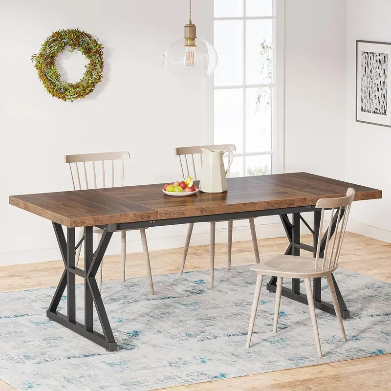 70.8-Inch Rustic Rectangular Farmhouse Dining Table for 6 — Solid Wood Top with Heavy-Duty Metal Legs