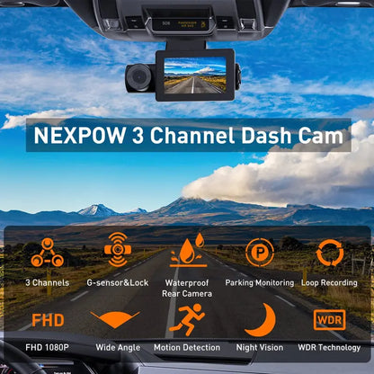 Nexpow Car Dash Cam 3 Channel, 4K Dash Camera Front and Rear, 3  LCD Screen