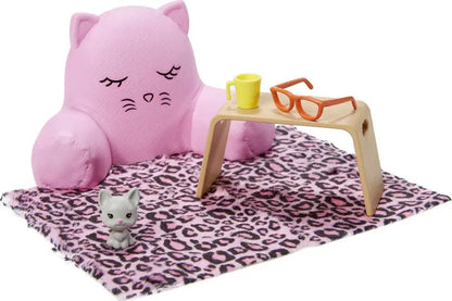 Barbie Doll Lounge Accessory Pack with 6 Pieces, Cozy Pillow, Blanket, Pet Cat and More