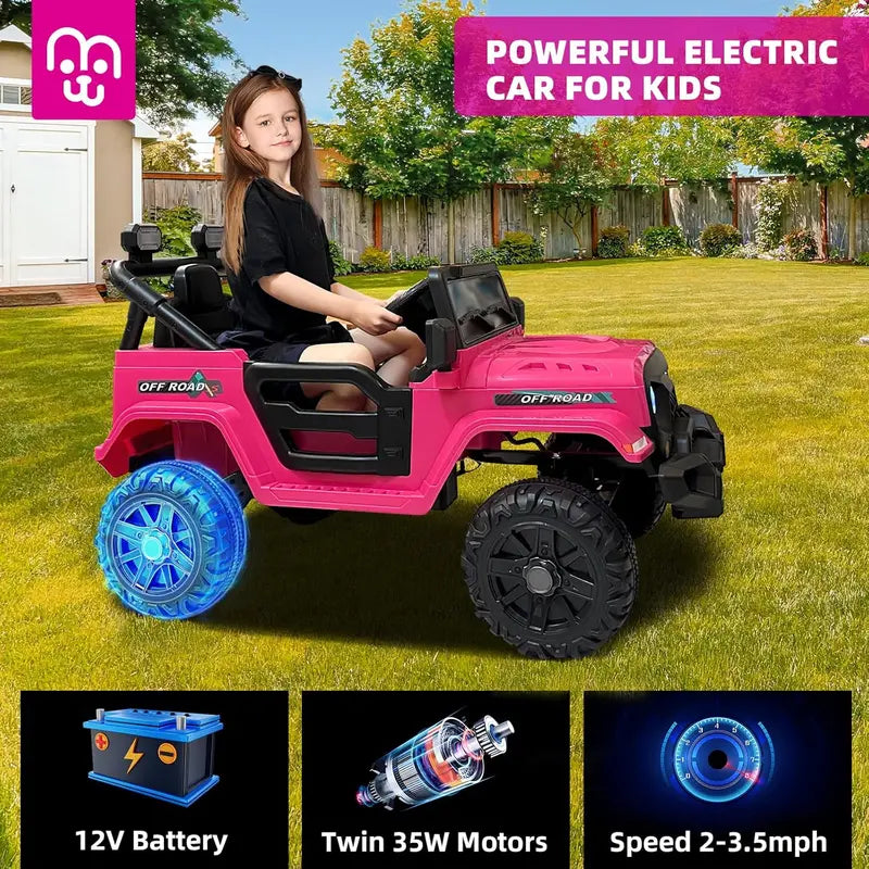 12V Kids Electric Ride-On Truck — Remote-Controlled, Twin 35W Motors, 3.5 MPH Max Speed, Bluetooth Speaker, LED Lights, Safety Belt