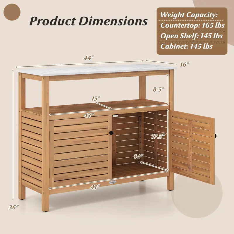 Garden Potting Bench with Storage  Two-Door Acacia Cabinet & Faux Marble Work Surface