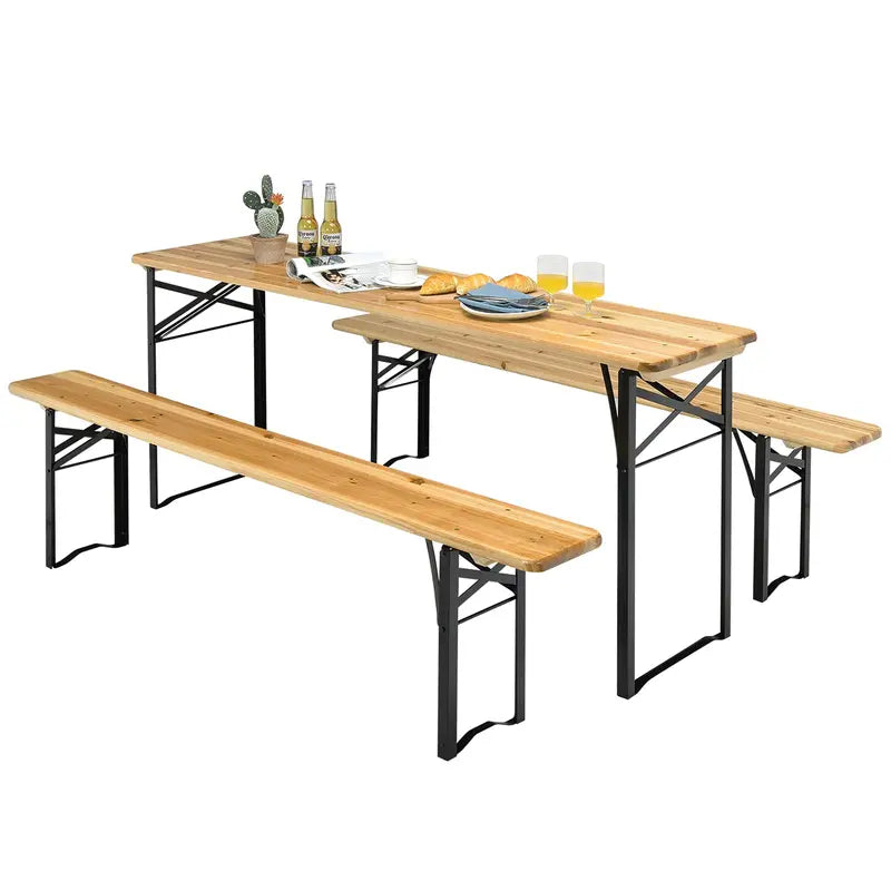 Three-Piece Folding Picnic Table and Bench Set with Wooden Top (70″ Total)