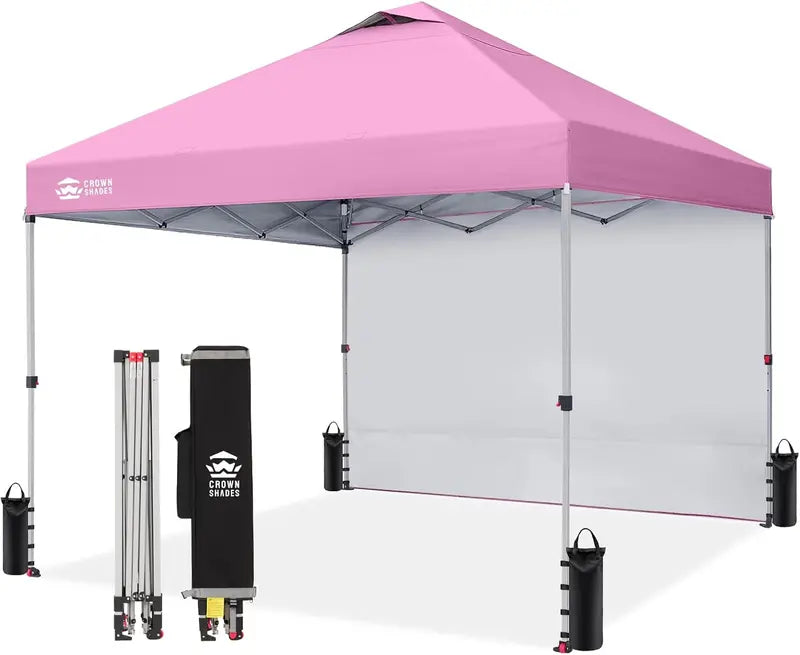 CROWN SHADES 10′ x 10′ Pop-Up Canopy with Single Sidewall: Portable Event Shelter for Parties, Campgrounds, and Outdoor Markets — Includes STO-N-Go Carry Bag