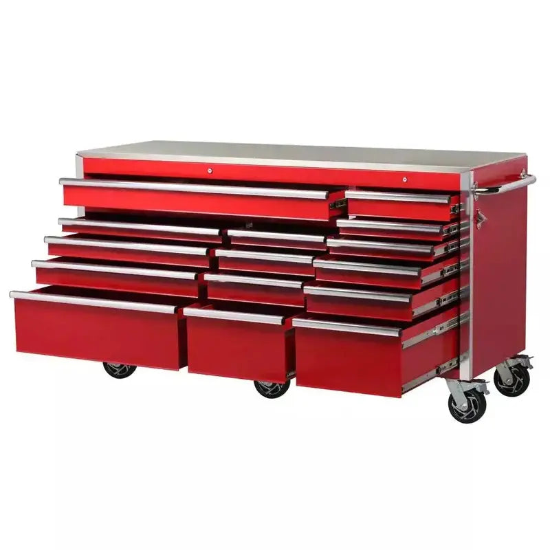 Heavy-Duty Mobile Tool Chest: 72 in W × 24 in D, 15-Drawer Workbench with Stainless Steel Top & Dual Security Locks  Red