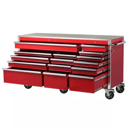 Heavy-Duty Mobile Tool Chest: 72 in W × 24 in D, 15-Drawer Workbench with Stainless Steel Top & Dual Security Locks  Red