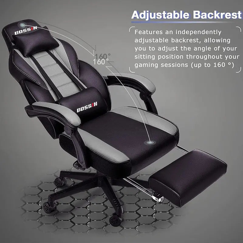 BOSSIN Premium Ergonomic Gaming Chair  PU Leather, Adjustable Footrest & Headrest, 90°155° Recline, 300 lb Capacity