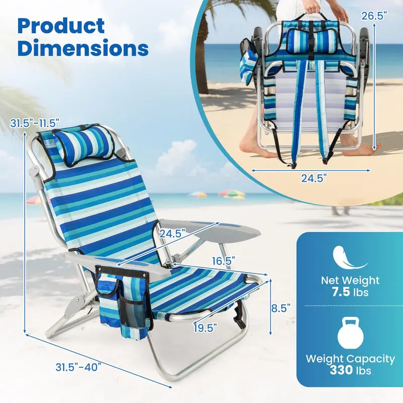 High-Capacity Backpack Folding Chair  330 lb Support, Four-Position Recline & Adjustable Headrest