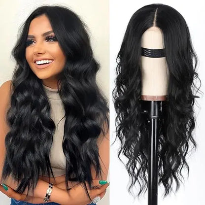 26″ Long Wavy Black Lace Front Wig for Women  Synthetic, Heat-Resistant, Daily/Party Use