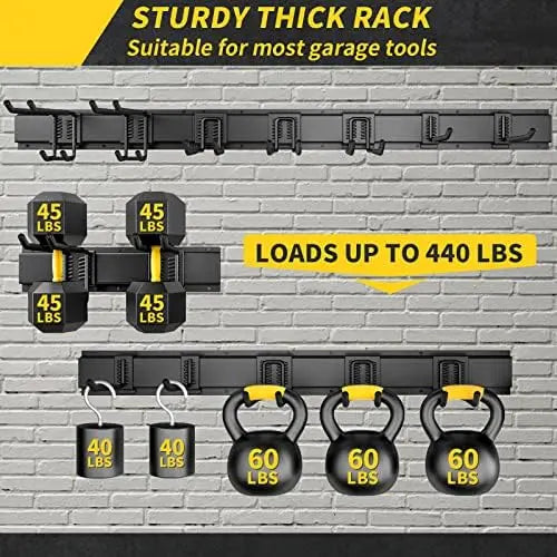 48″ Adjustable Wall-Mount Tool Organizer for Garage, Yard, & Garden  440lbs Capacity, Metal Hooks