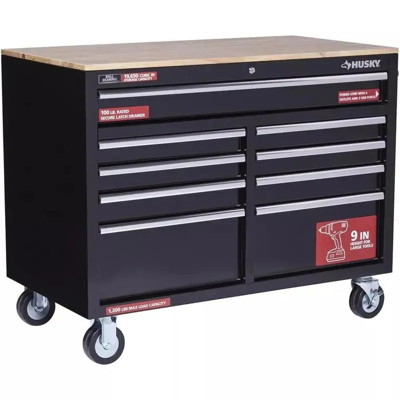 46-Inch Gloss Black Mobile Workbench  9-Drawer Deep Tool Chest with Casters and Heavy-Duty Frame