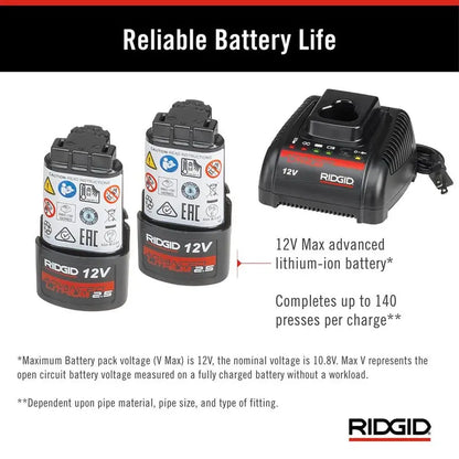 RIDGID RP 241 Compact Inline Press Tool Kit Includes 3 ProPress Jaws (1/2 in., 3/4 in., 1 in.), 2-12V Batteries, Charger + Case 57373