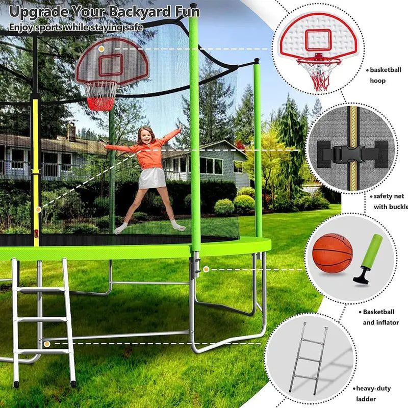 16-Foot Upgraded Trampoline with Enclosure Net and Adjustable Basketball Hoop