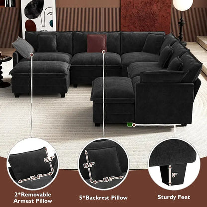 Ihanherry 146-Inch U-Shaped Modular Sectional Sofa in Chenille  Cloud-Style Deep-Seat Design with Dual Ottomans and Six Decorative Pillows, Grey