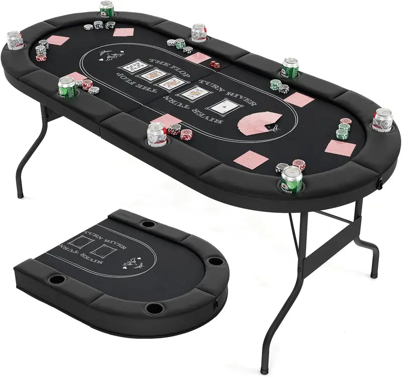 8-Player Foldable Poker Table Featuring Deep Metal Cup Holders