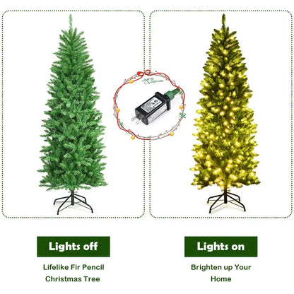 6-Foot Pre-Lit Hinged Fir Pencil Christmas Tree with 250 Warm White LED Lights