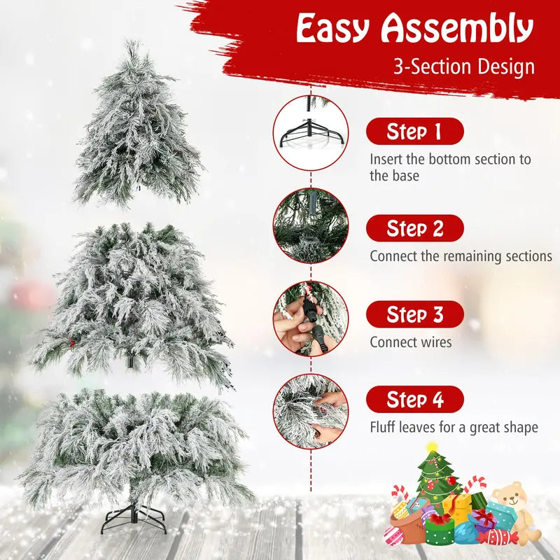 6-Foot Snow-Flocked Pre-Lit Christmas Tree  Realistic PVC & Pine Needle Blend with Hinged Construction