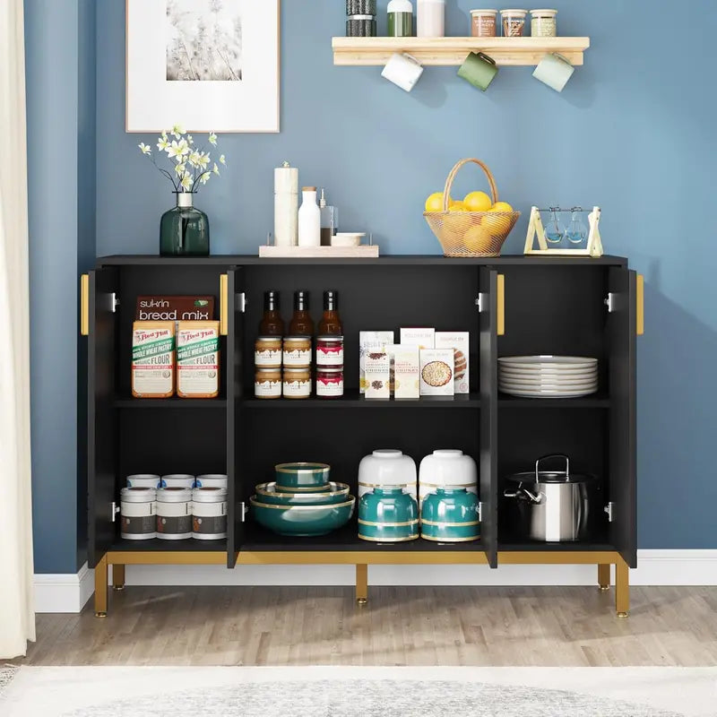 59-Inch Luxury Black-and-Gold Buffet Cabinet with 4 Doors, Coffee Bar Storage for Dining or Living Room