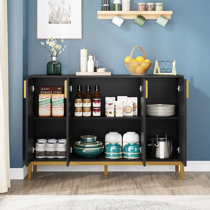 59-Inch Luxury Black-and-Gold Buffet Cabinet with 4 Doors, Coffee Bar Storage for Dining or Living Room