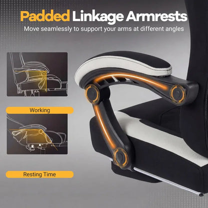 Ergonomic Gaming Chair Featuring Footrest, Linkage Armrests, and Lumbar Support