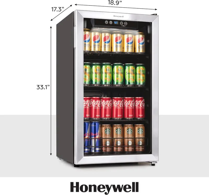 Honeywell 115-Can Beverage Refrigerator  Glass-Door Mini Fridge with Electronic Temp Control & Customizable Shelving for Home or Commercial Use