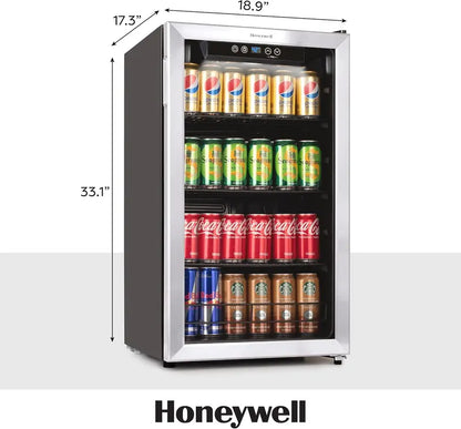 Honeywell 115-Can Beverage Refrigerator  Glass-Door Mini Fridge with Electronic Temp Control & Customizable Shelving for Home or Commercial Use