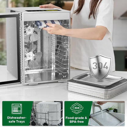 12-Tray Stainless Steel Food Dehydrator  Dual-Fan 360° Airflow, 24-Hour Timer, 30°C90°C Range & Overheat Protection (800W)