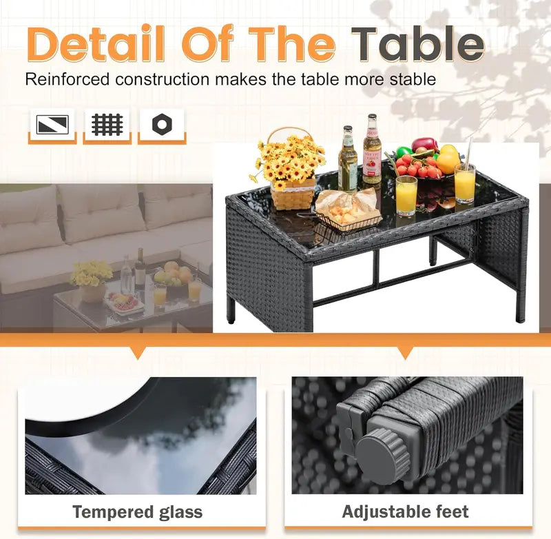 Devoko 3-Piece Beige L-Shaped Rattan Patio Sectional with All-Weather Cushions and Glass Table