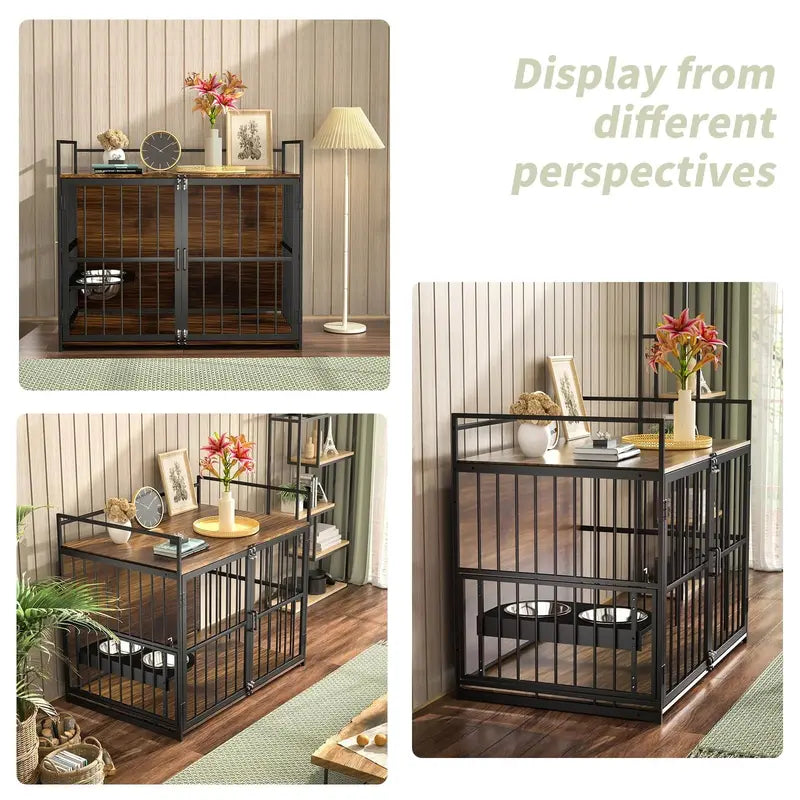 ROOMTEC Large Dog Crate Furniture with Adjustable Bowls, Steel Frame, Anti-Chew Design, 48″x30.3″x43″