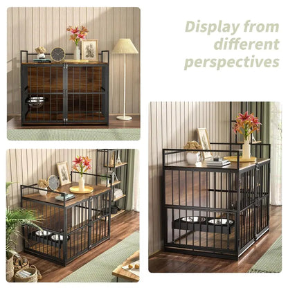 ROOMTEC Large Dog Crate Furniture with Adjustable Bowls, Steel Frame, Anti-Chew Design, 48″x30.3″x43″