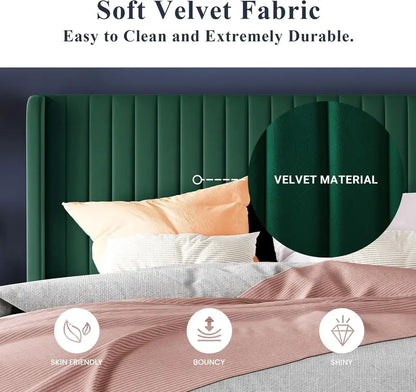 Allewie Full Size Velvet Wingback Bed  Channel-Tufted Upholstered Frame with Vertical Headboard