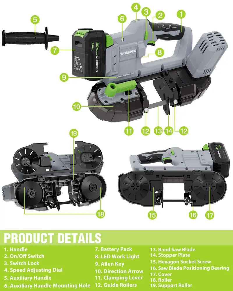WORKPRO 20V Cordless Band Saw for Metal Cutting — 3.75″ Capacity, 6-Speed Variable Control