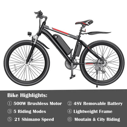 Gocio 500W Electric Bike 26″ for Adults with Cruise Control, 48V Battery, Shimano 21-Speed, Aluminum Frame