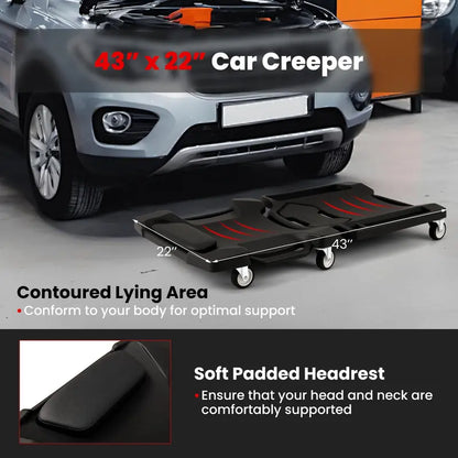 43-Inch Padded Mechanic Creeper with Contoured Headrest and Dual Tool Trays