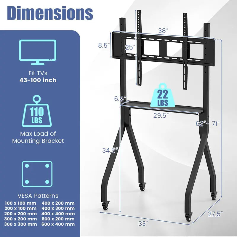Mobile TV Stand on Casters  Adjustable Rolling Cart for 43″100″ Flat or Curved TVs (Up to 110 lbs), VESA 600×400 mm Compatible