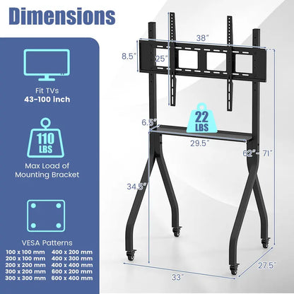Mobile TV Stand on Casters  Adjustable Rolling Cart for 43″100″ Flat or Curved TVs (Up to 110 lbs), VESA 600×400 mm Compatible