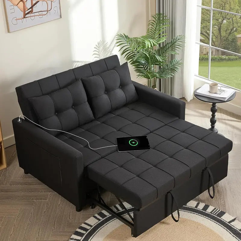 52-Inch 3-in-1 Convertible Sofa Bed  Pull-Out Sleeper, Adjustable Backrest & Side Storage Pockets (Dark Grey Linen)