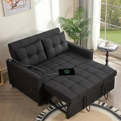 52-Inch 3-in-1 Convertible Sofa Bed  Pull-Out Sleeper, Adjustable Backrest & Side Storage Pockets (Dark Grey Linen)