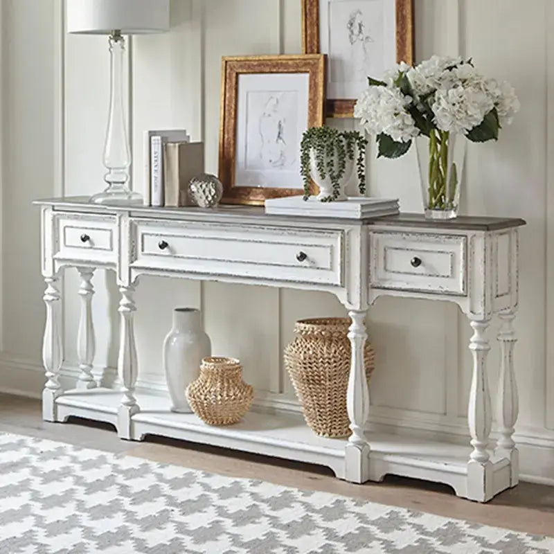 Magnolia Manor Hall Console Table  Antique White & Weathered Bark Finish, 72″ Long