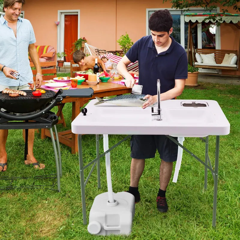 Portable Folding Fish Cleaning Station with Dual Stainless Steel Basins